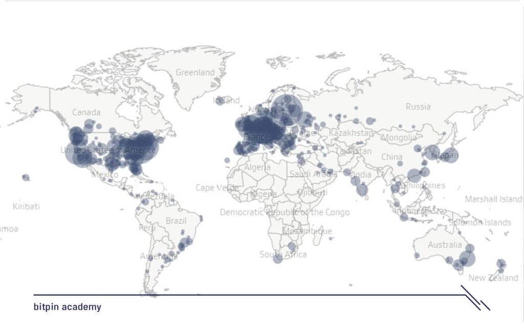 نقشه پراکندگی فول نودهای بیت کوین در سراسر دنیا (22 بهمن 1401)