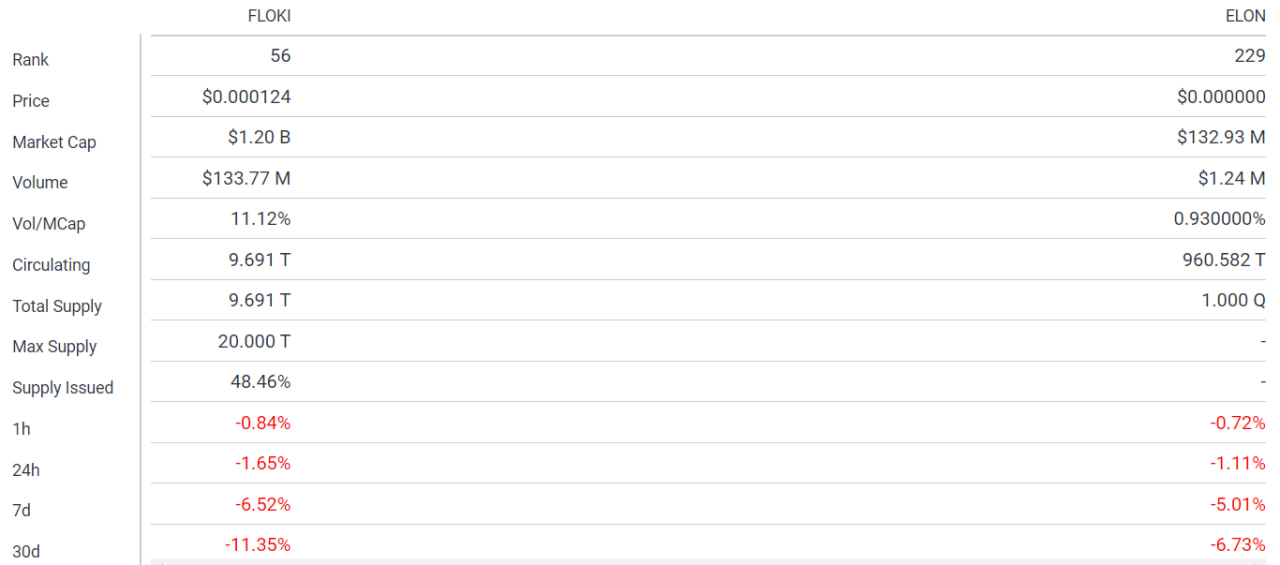 مقایسه رمزارزهای فلوکی اینو (FLOKI) و دوج ایلان مارس (ELON)