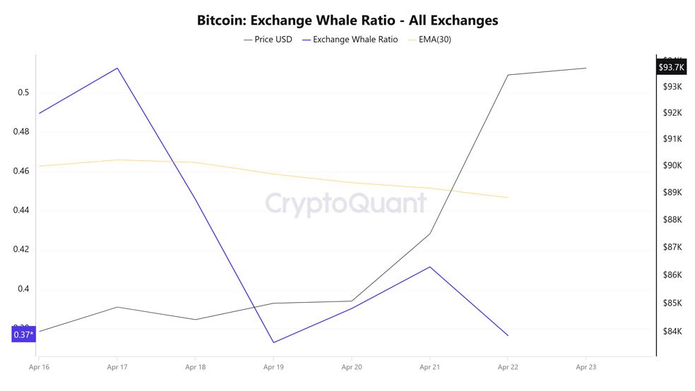 تحلیل بیت کوین امروز ۳ اردیبهشت | شروع روند رشد قیمت! نرخ نسبت نهنگهای بیت کوین در صرافیها
