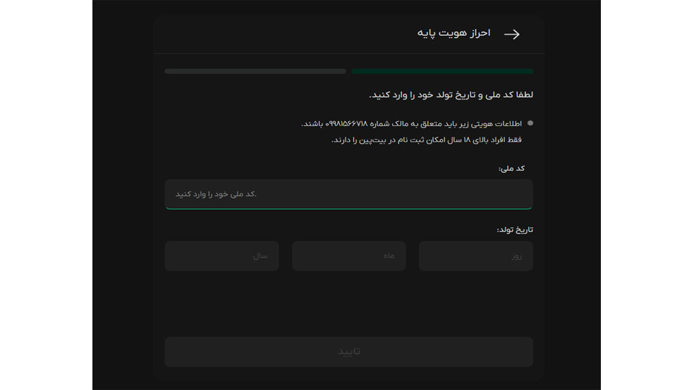ورود اطلاعات شخصی برای احراز هویت پایه در بیت پین