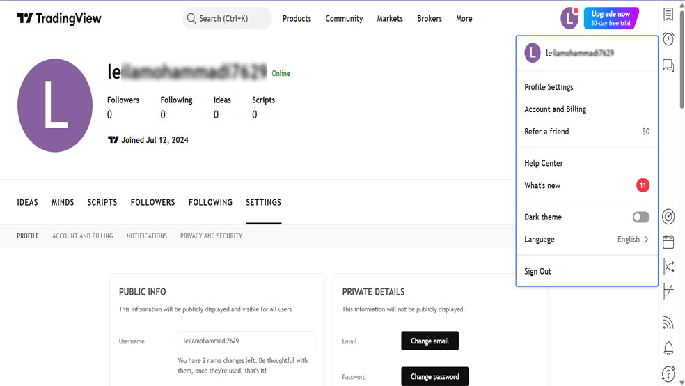 تکمیل اطلاعات شخصی در تریدینگ ویو از طریق Profile Settings