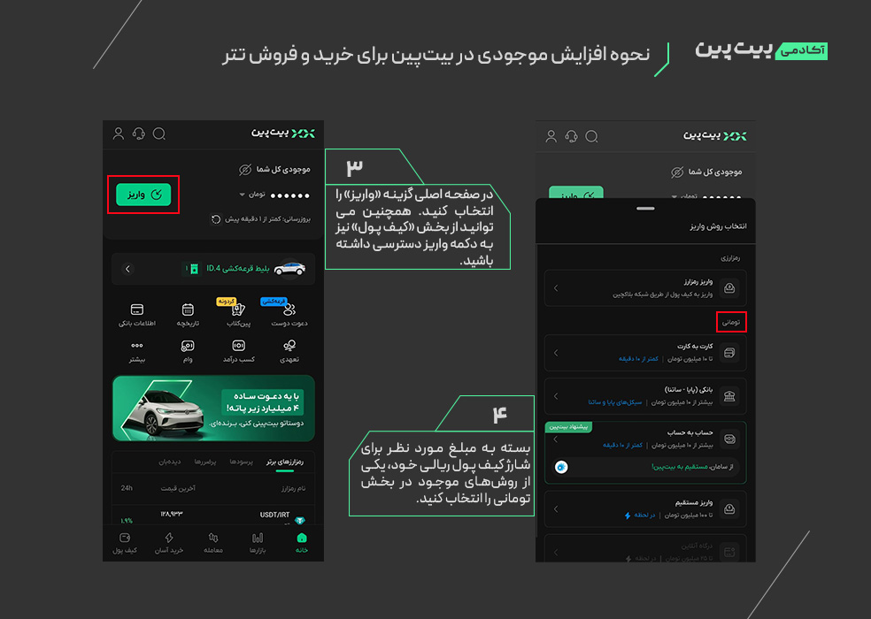 نحوه افزایش موجودی در بیتپین برای خرید و فروش تتر