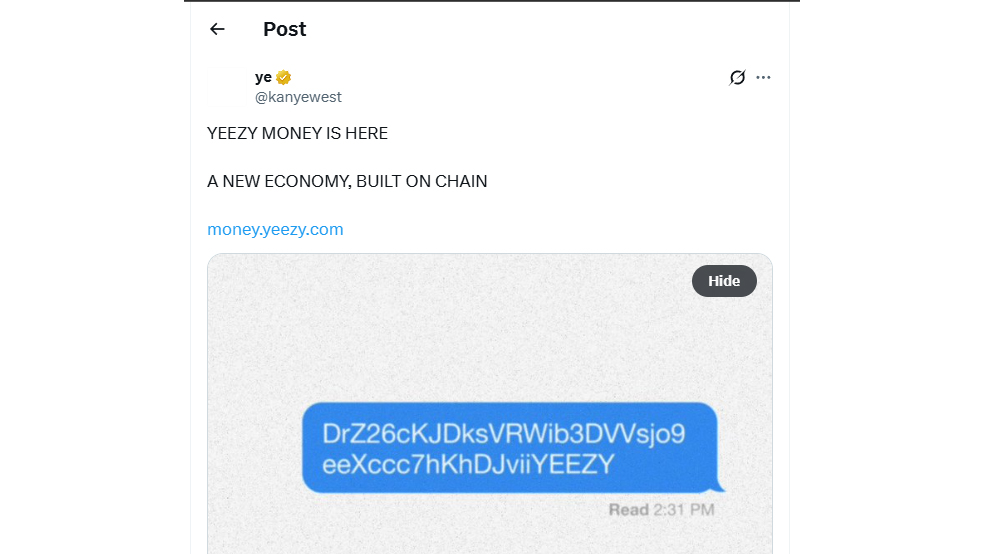 توییت کانیه وست درباره توکن YZY