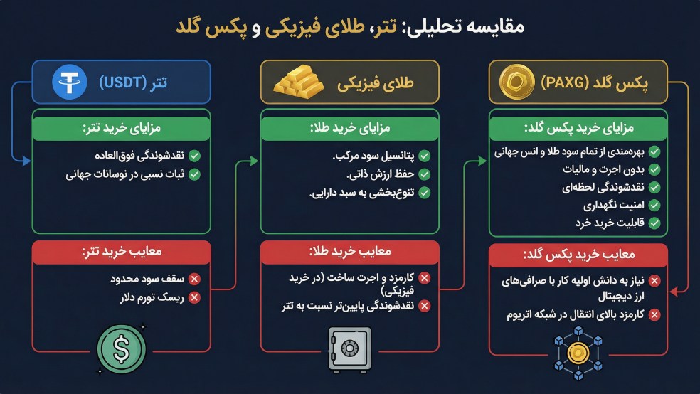 مزایا و معایب سرمایه گذاری در تتر، طلا و پکس گلد