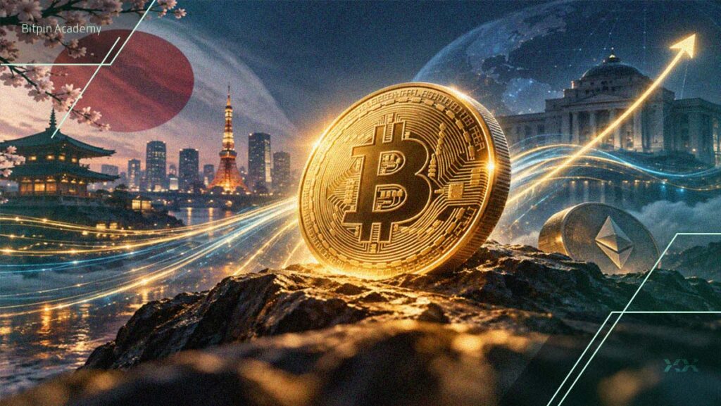 بیت کوین در کنار نمادهای ژاپن و جریان نقدینگی جهانی