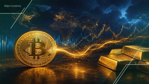 بیت‌ کوین در کنار شمش‌های طلا با پس‌زمینه نمودار بازار