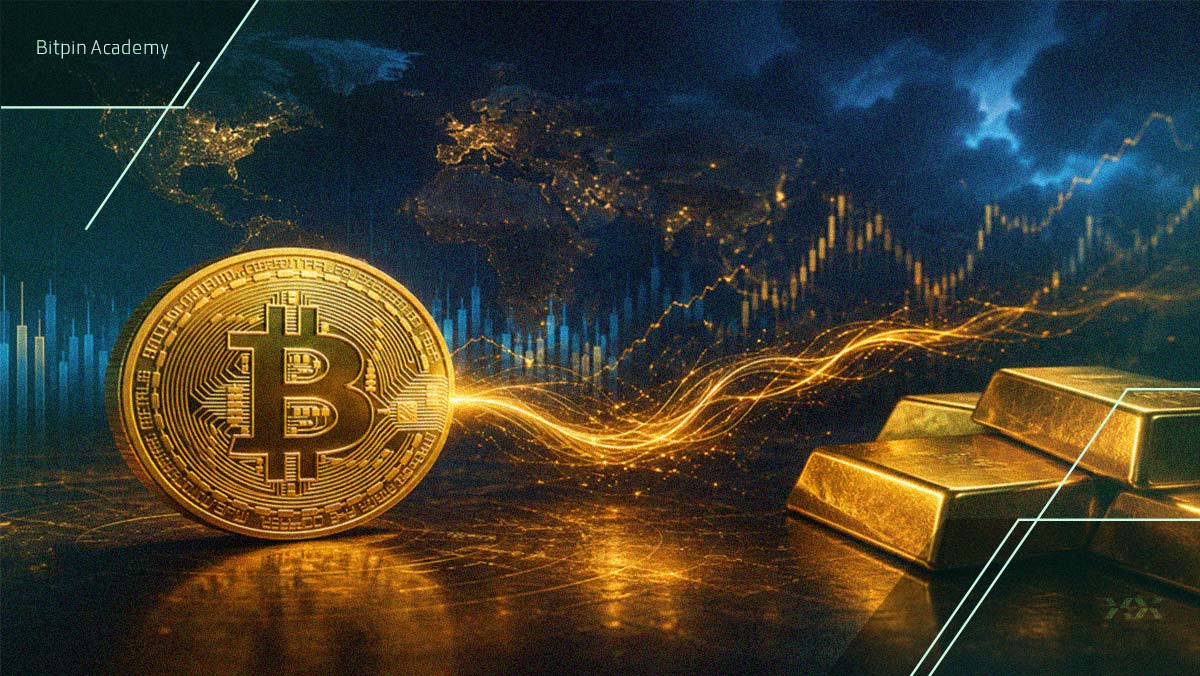 بیت‌ کوین در کنار شمش‌های طلا با پس‌زمینه نمودار بازار