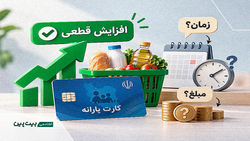 کارت یارانه کنار سبد کالا، تقویم، ساعت و سکه با مفهوم نامشخص بودن زمان و مبلغ کالابرگ