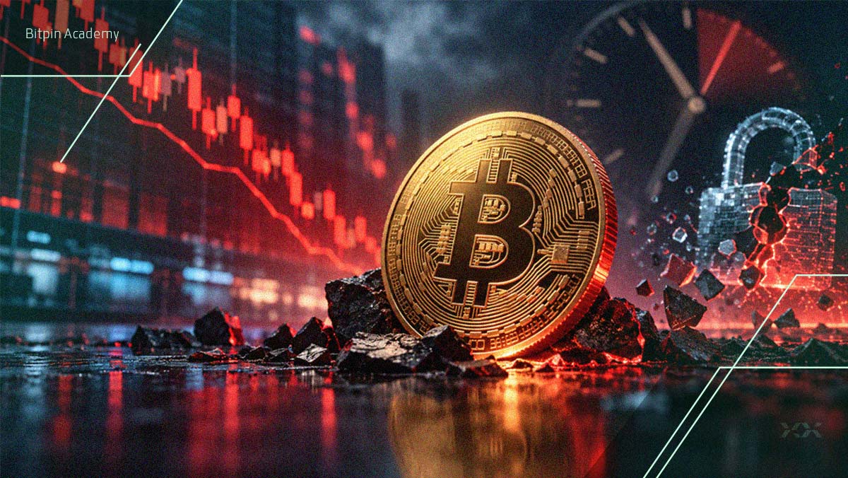 بیت کوین در کنار نمودار نزولی قیمت و نماد هک صرافی