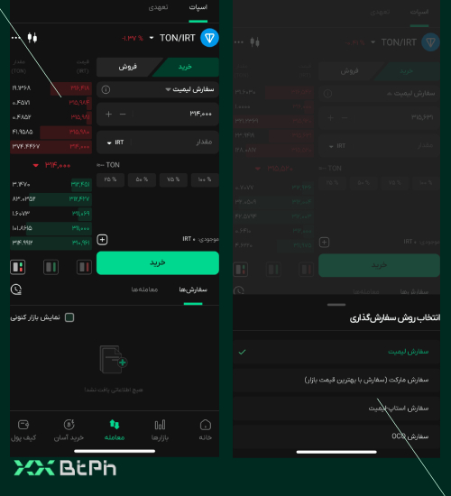 انتخاب سفارش خرید تون کوین در بازار بیت‌پین